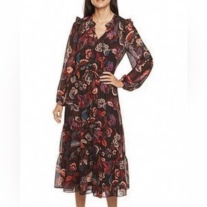 MAIA Long Sleeve Floral Ruffled Cottagecore Tied Waist Chiffon Midi Dress Sz 10